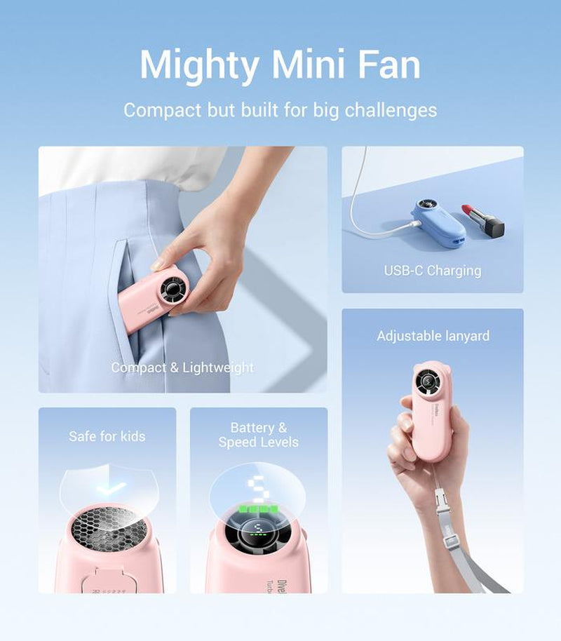 Powerful Portable Turbo Fan - 4000mAh USB Rechargeable Handheld Fan with 5 Speeds, Up to 16 Hours of Cooling for Travel, Summer, and Outdoor Use (Pink)