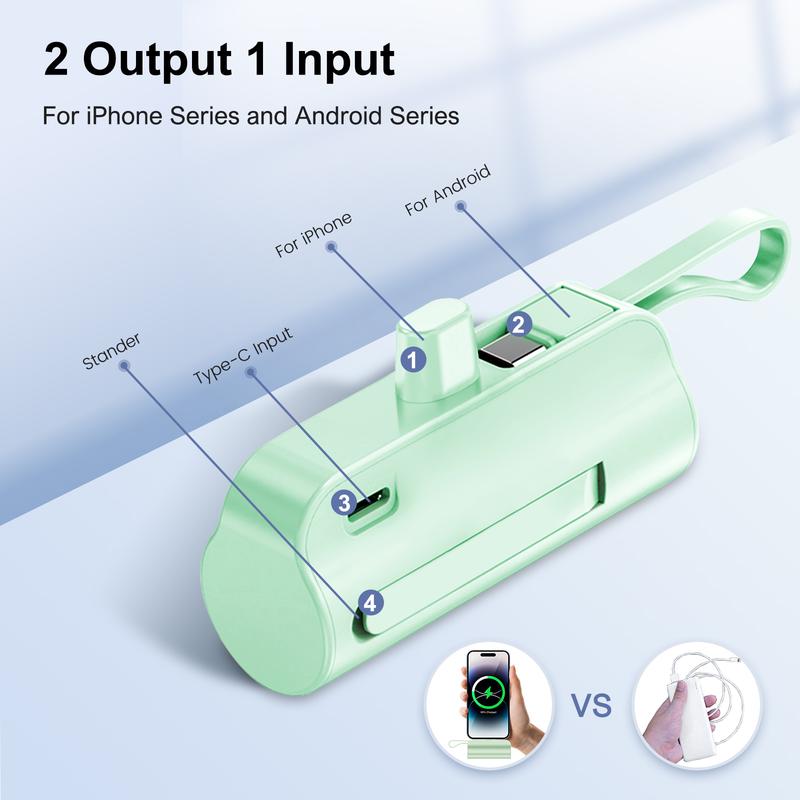 4500Mah Mini Power Bank with Built in 2 Cables & Lanyard - Ultra Compact Portable Charger Iphone,Android , Phone Holder, Charging Chargeable Black Smartphone Accessories