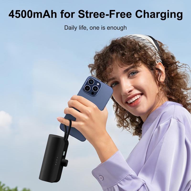 4500Mah Mini Power Bank with Built in 2 Cables & Lanyard - Ultra Compact Portable Charger Iphone,Android , Phone Holder, Charging Chargeable Black Smartphone Accessories