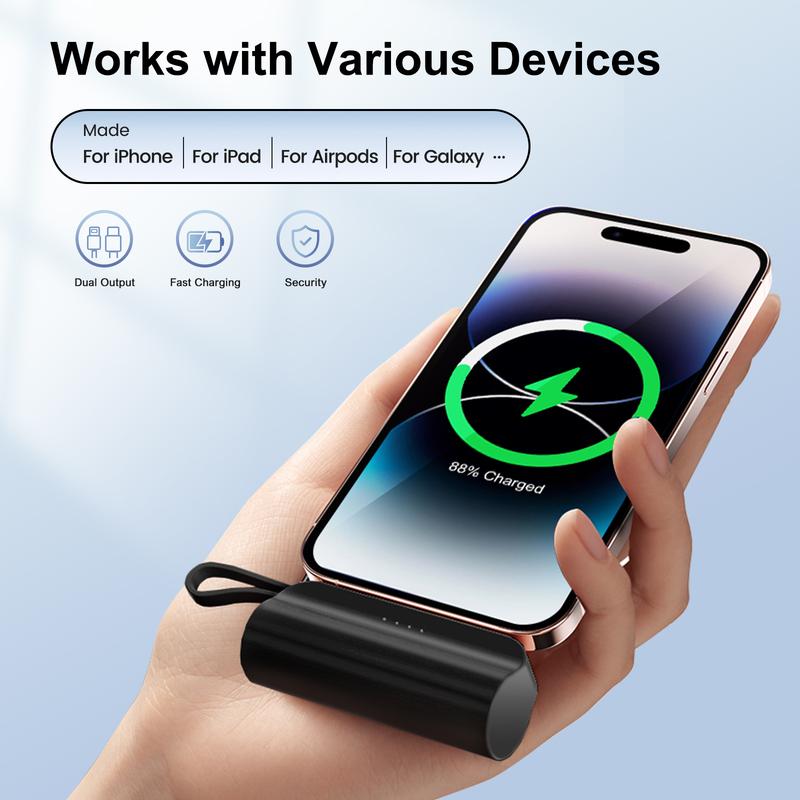 4500Mah Mini Power Bank with Built in 2 Cables & Lanyard - Ultra Compact Portable Charger Iphone,Android , Phone Holder, Charging Chargeable Black Smartphone Accessories