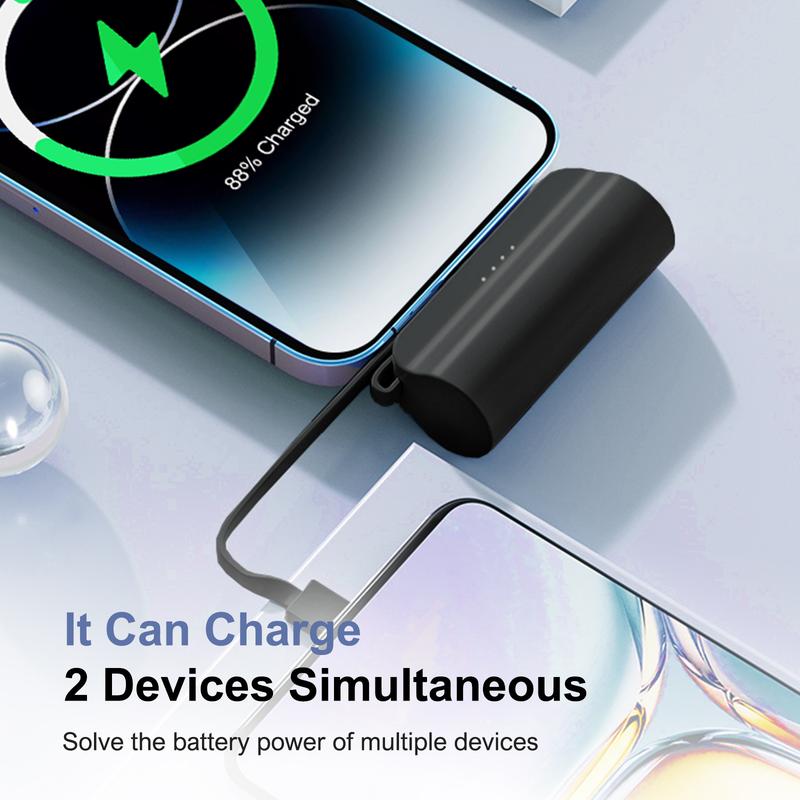 4500Mah Mini Power Bank with Built in 2 Cables & Lanyard - Ultra Compact Portable Charger Iphone,Android , Phone Holder, Charging Chargeable Black Smartphone Accessories