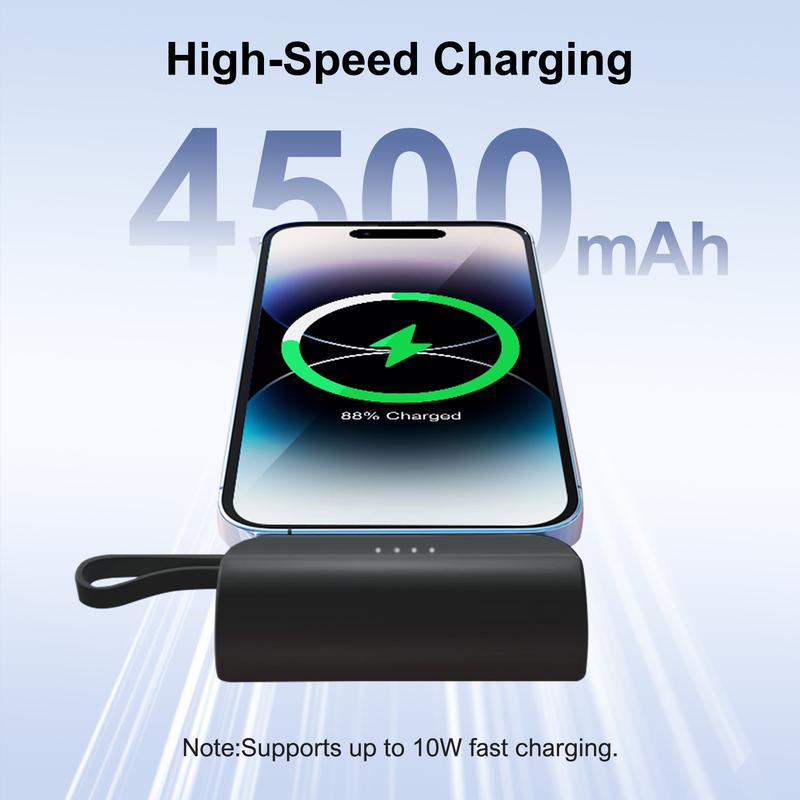 4500Mah Mini Power Bank with Built in 2 Cables & Lanyard - Ultra Compact Portable Charger Iphone,Android , Phone Holder, Charging Chargeable Black Smartphone Accessories
