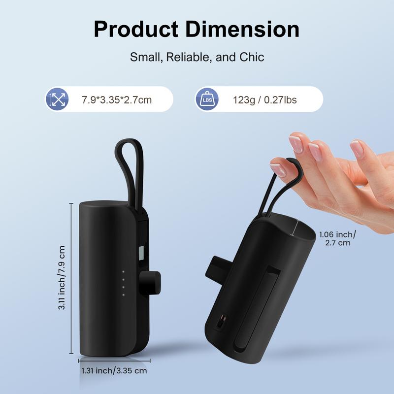 4500Mah Mini Power Bank with Built in 2 Cables & Lanyard - Ultra Compact Portable Charger Iphone,Android , Phone Holder, Charging Chargeable Black Smartphone Accessories