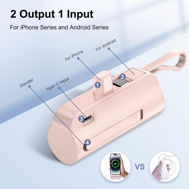 4500Mah Mini Power Bank with Built in 2 Cables & Lanyard - Ultra Compact Portable Charger Iphone,Android , Phone Holder, Charging Chargeable Black Smartphone Accessories